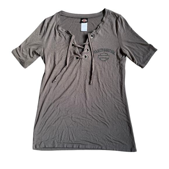 Harley Davidson Women's Lace up Gray Tee Size Small - Picture 1 of 9